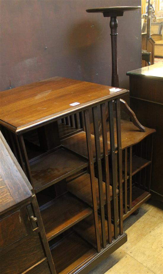 2 revolving mahogany bookcases, one smaller & wine table